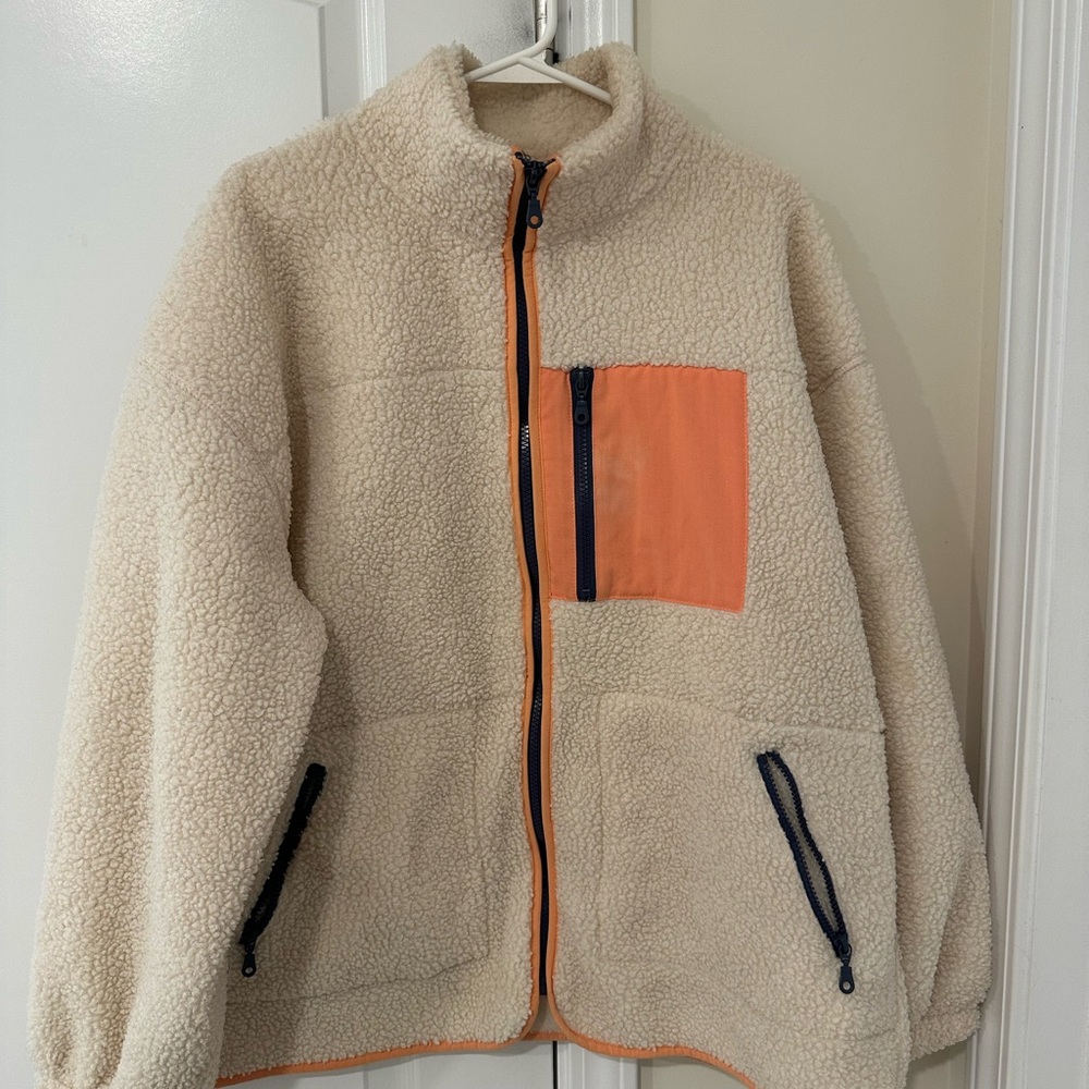 Universal Thread Cream Sherpa Jacket with Orange and Black Accents